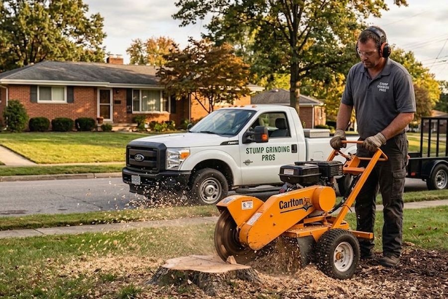 Stump grinder cutting a stump in Portland, TN